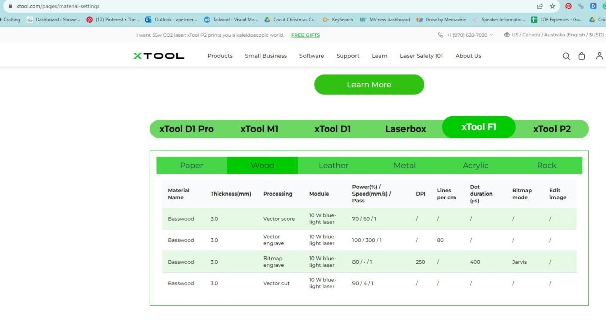 paramètres de matériau xtool