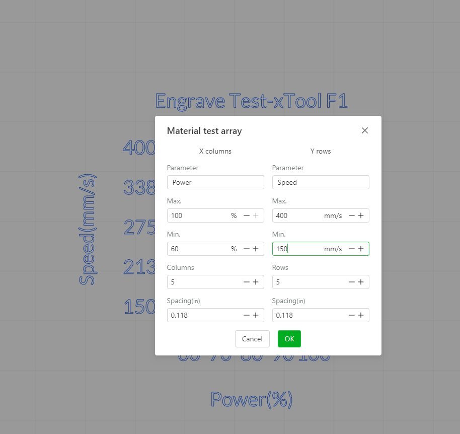 paramètres de test du bois xtool